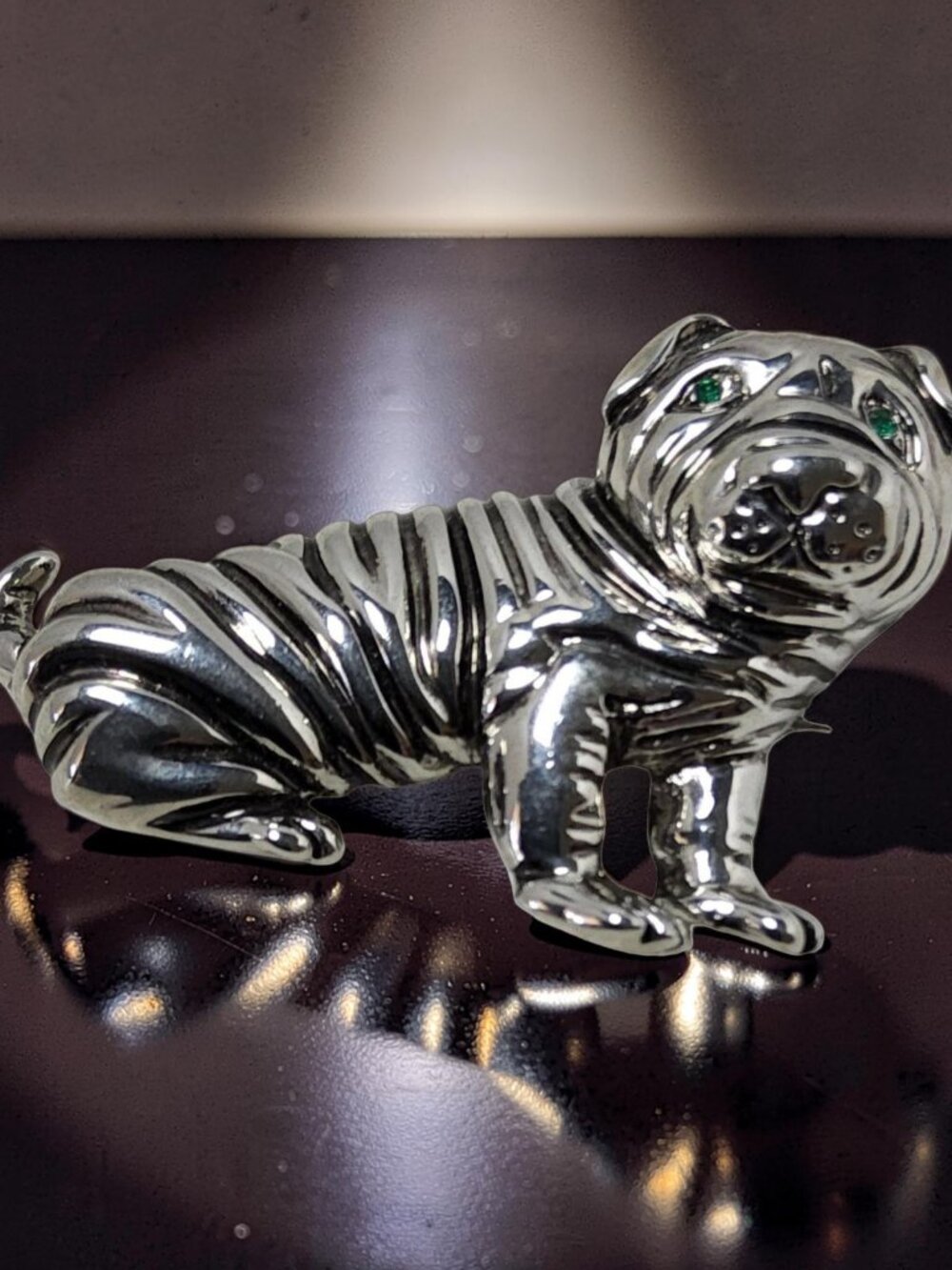 vintage silver tone shar-pei brooch with green chrystal eyes